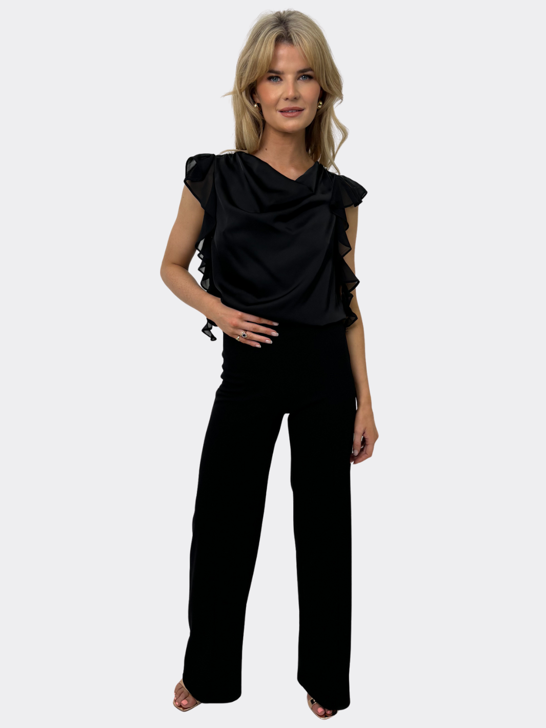 Kate & Pippa Riley Ruffled Cowl Neck Top In Black-Nicola Ross