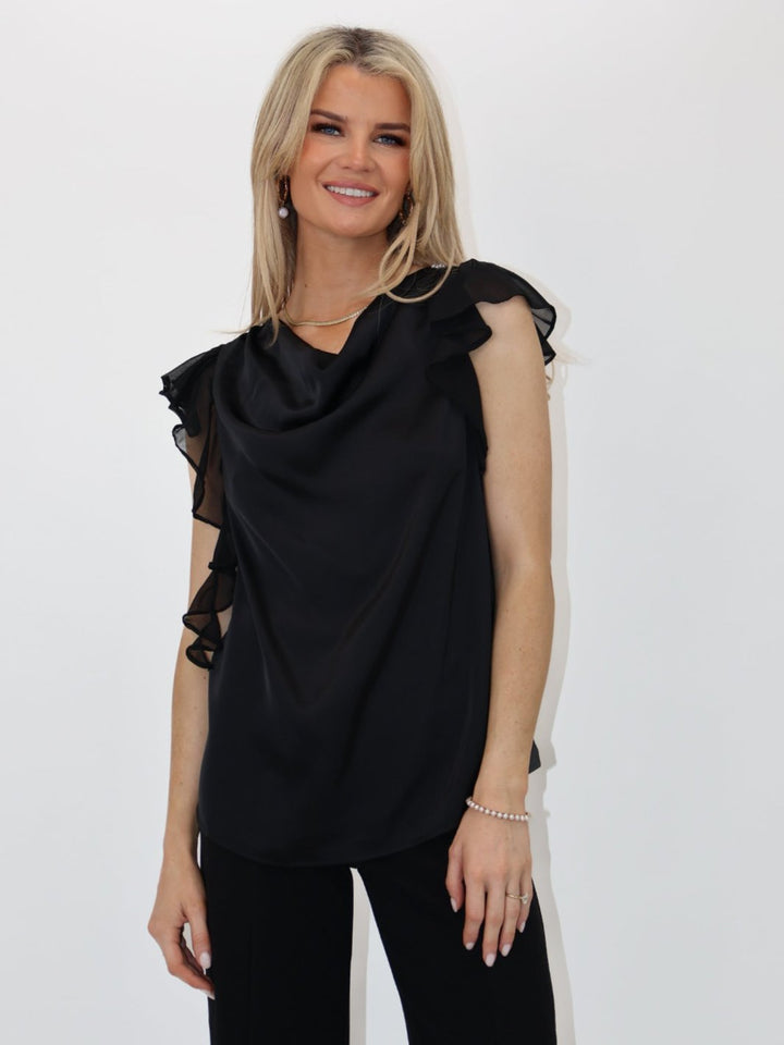 Kate & Pippa Riley Ruffled Cowl Neck Top In Black-Nicola Ross
