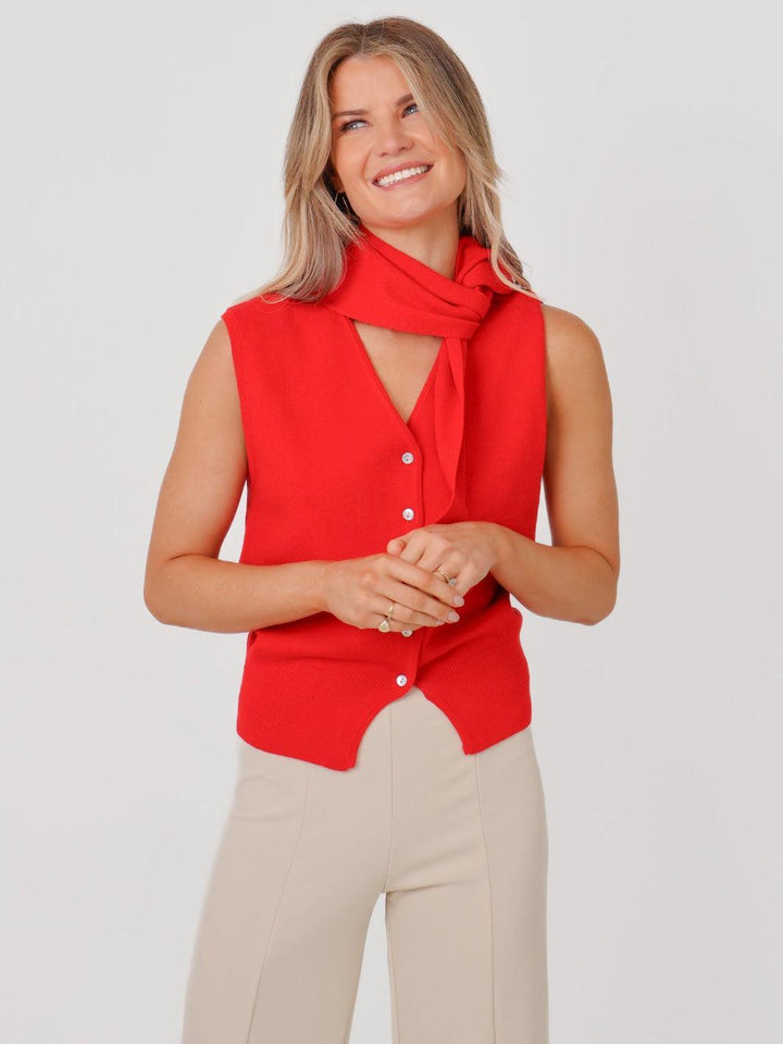 Kate & Pippa Robyn Knit Waistcoat With Neck Scarf In Red-Nicola Ross