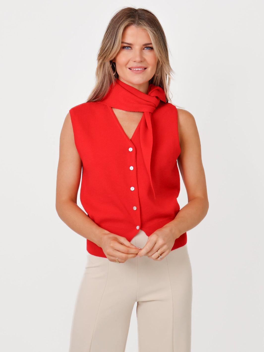 Kate & Pippa Robyn Knit Waistcoat With Neck Scarf In Red-Nicola Ross