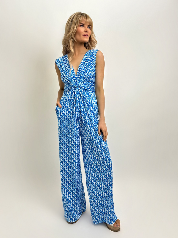 Kate & Pippa Servino Sleeveless Jumpsuit In Blue Geo Print-Nicola Ross