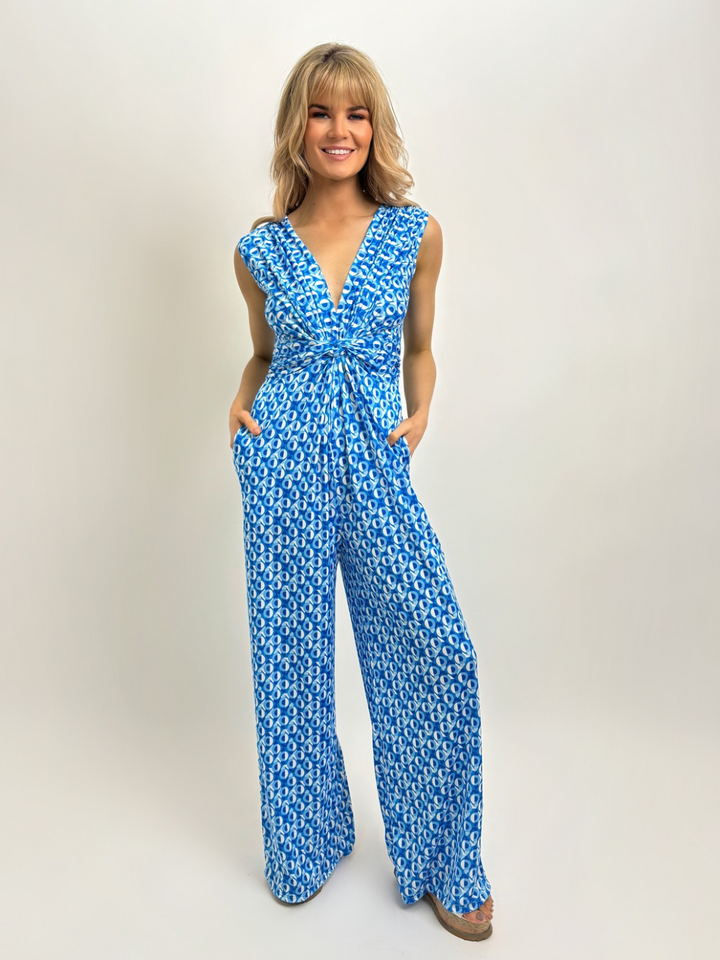 Kate & Pippa Servino Sleeveless Jumpsuit In Blue Geo Print-Nicola Ross