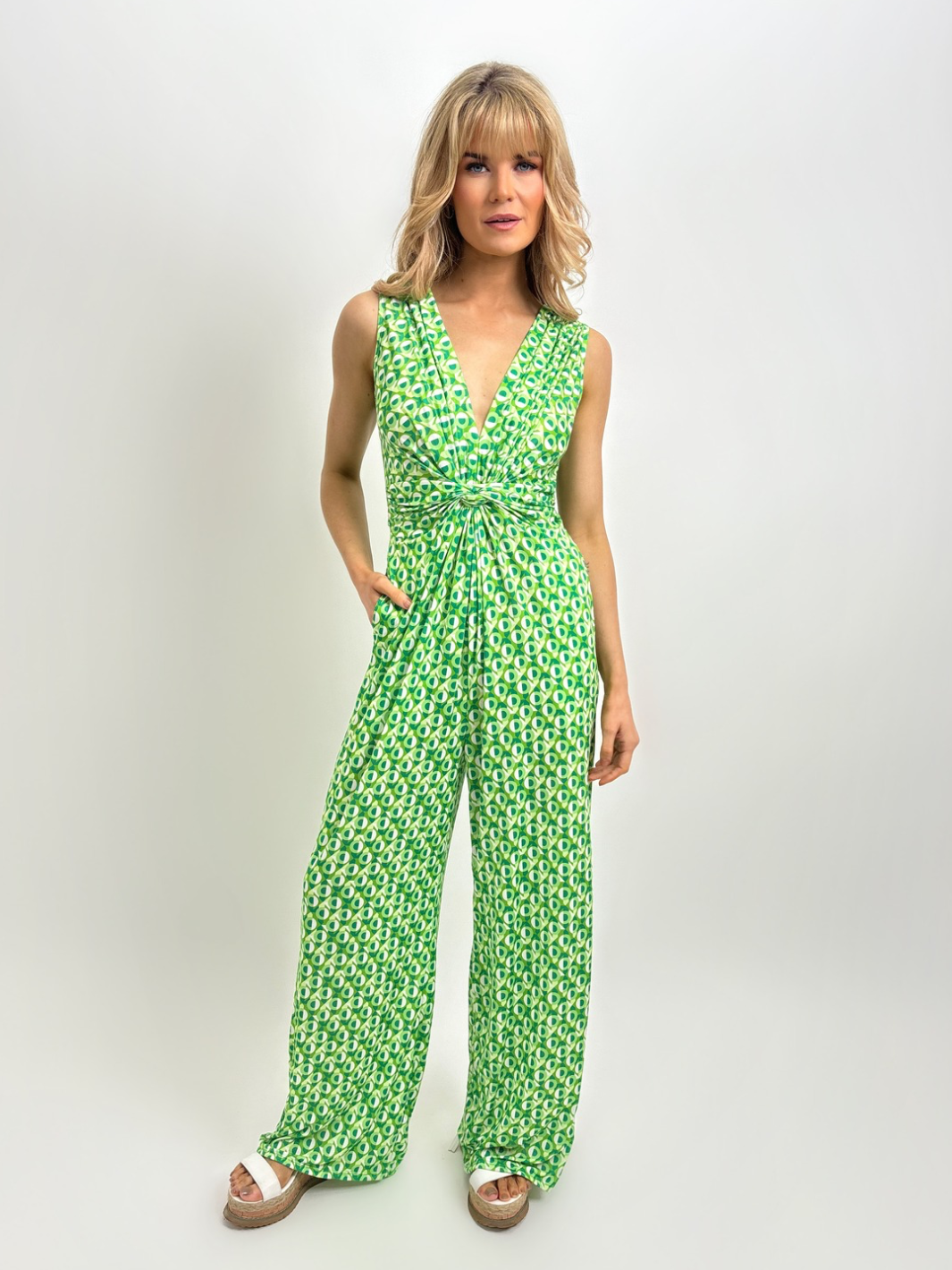 Kate & Pippa Servino Sleeveless Jumpsuit In Green Geo Print-Nicola Ross