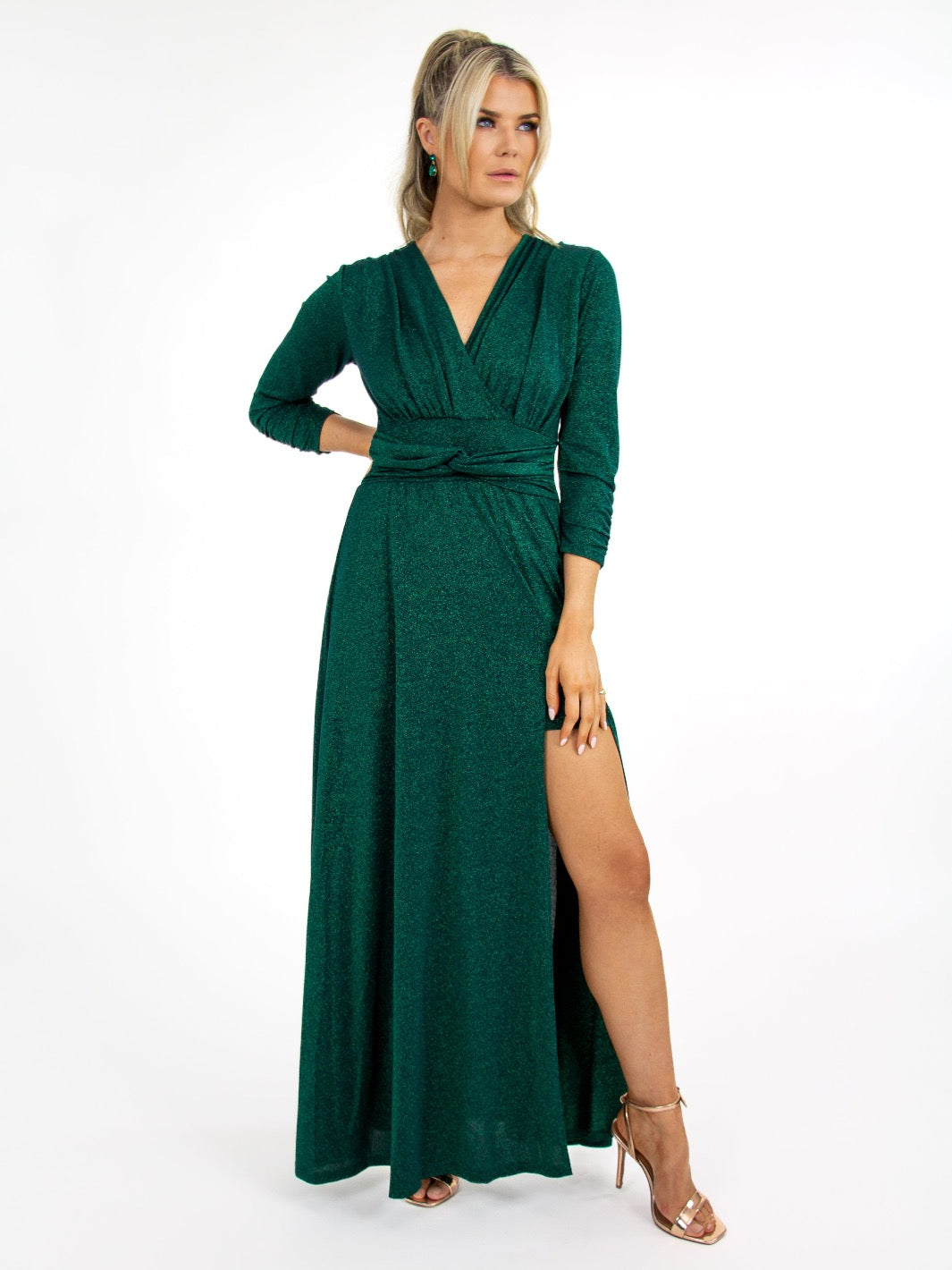 Kate & Pippa Sophia Maxi Dress In Emerald Green Sparkle-Occasion Wear-Guest of the wedding-Nicola Ross