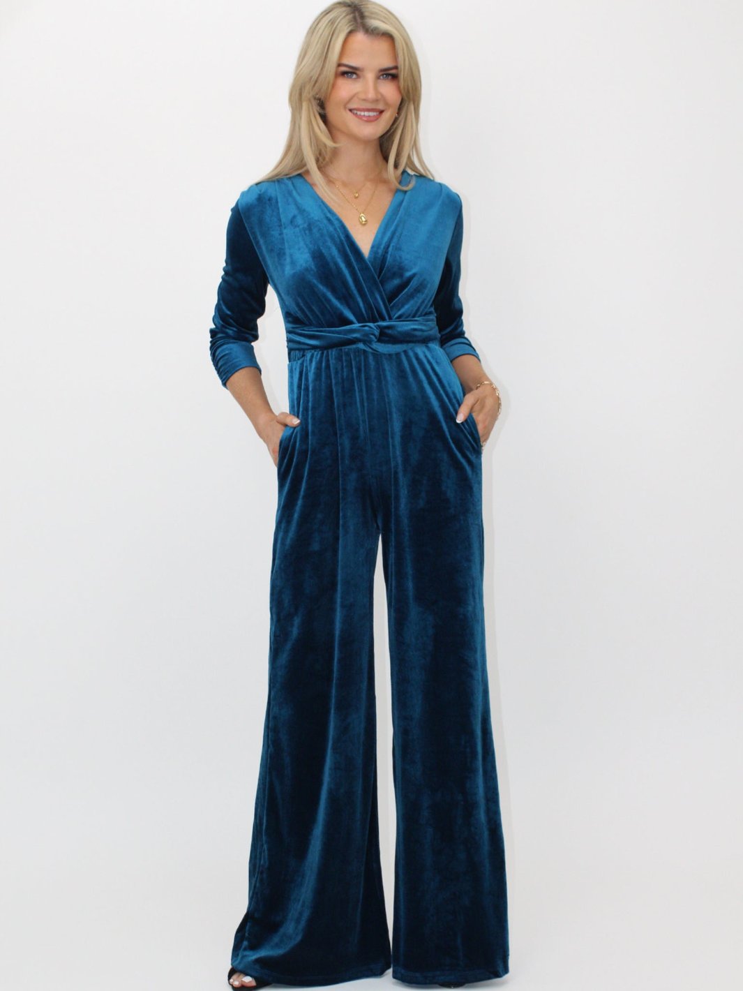 Kate & Pippa Sophia Velvet Jumpsuit In Teal-Nicola Ross