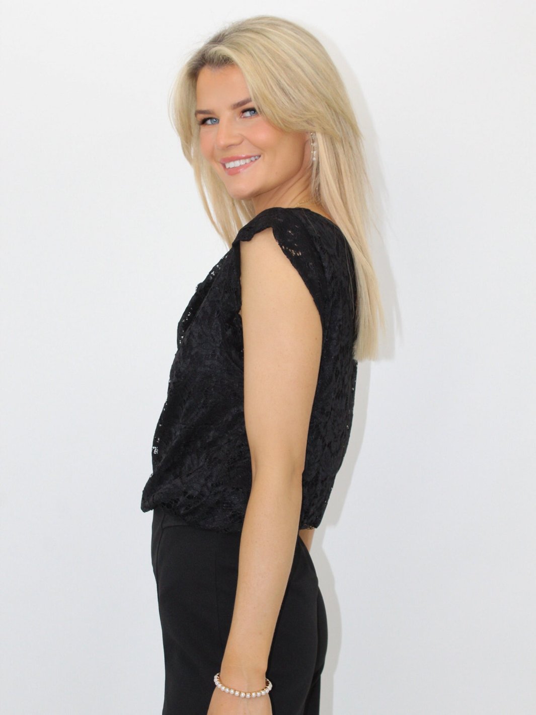 Kate & Pippa Suzy Lace Cowl Neck Top In Black-Nicola Ross