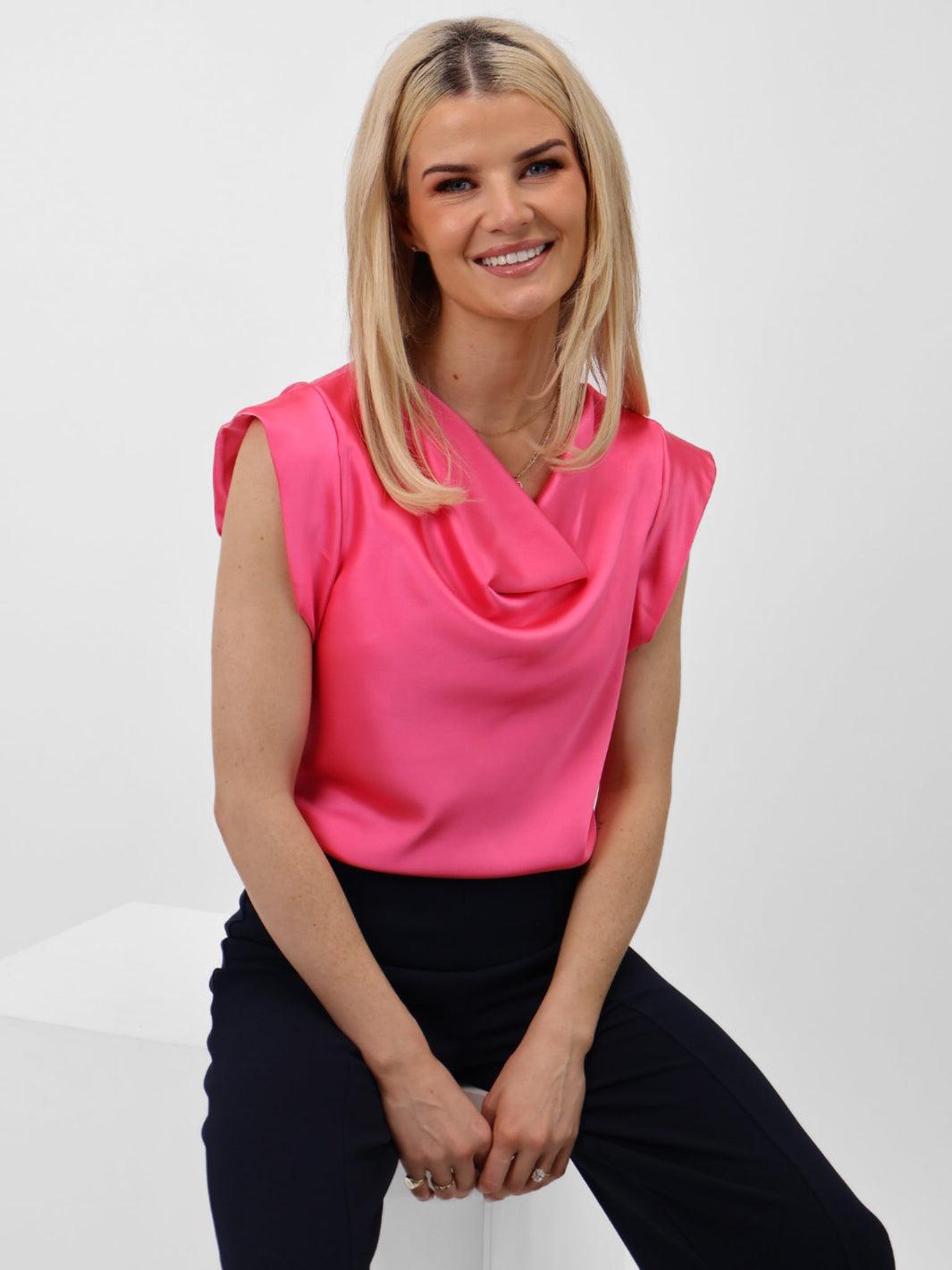 Kate & Pippa Suzy Satin Cowl Neck Top In Pink-Nicola Ross