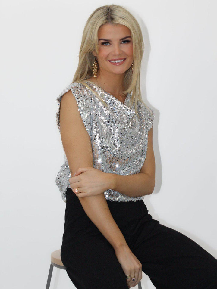 Kate & Pippa Suzy Satin Cowl Neck Top In Silver Sparkle-Nicola Ross
