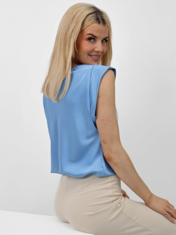 Kate & Pippa Suzy Satin Cowl Neck Top In Sky Blue-Nicola Ross