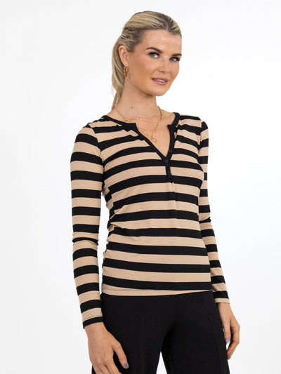Kate & Pippa Vicky Striped V Neck Top In Black / Beige-Nicola Ross