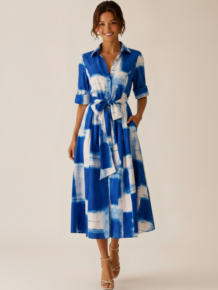 Kate & Pippa Vogue Midi Dress In Blue Print-Occasion Wear-Guest of the wedding-Nicola Ross