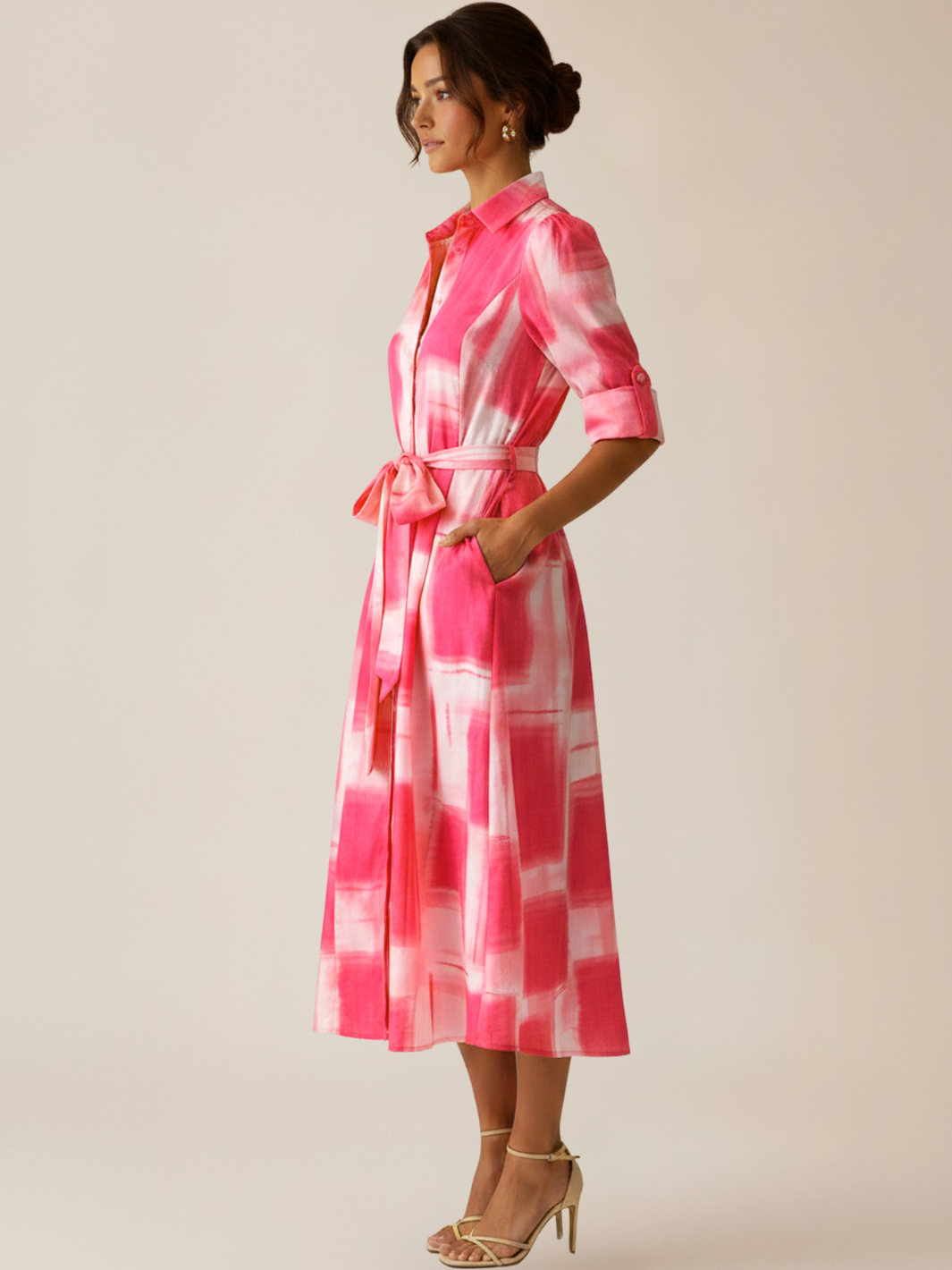 Kate & Pippa Vogue Midi Dress In Pink Print-Occasion Wear-Guest of the wedding-Nicola Ross
