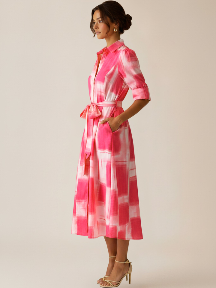Kate & Pippa Vogue Midi Dress In Pink Print-Occasion Wear-Guest of the wedding-Nicola Ross