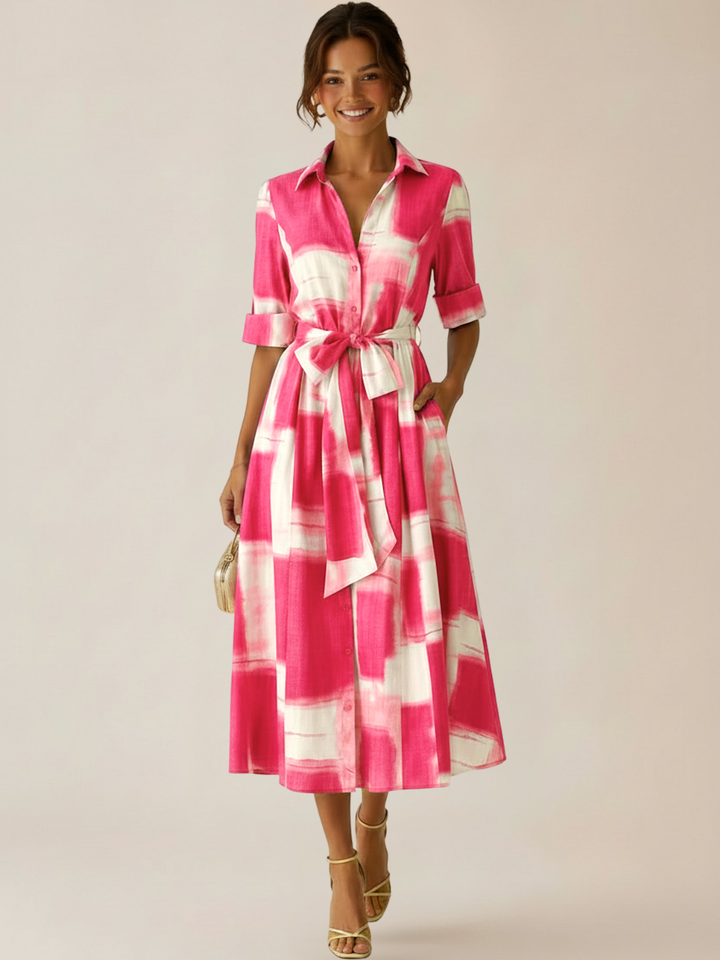 Kate & Pippa Vogue Midi Dress In Pink Print-Occasion Wear-Guest of the wedding-Nicola Ross