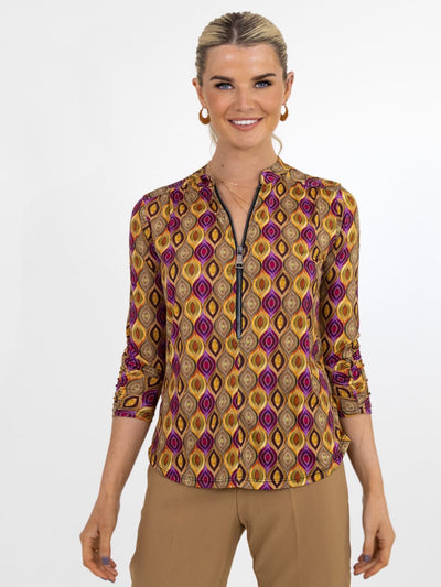 Kate & Pippa Zip Top In Beige / Purple Print-Nicola Ross