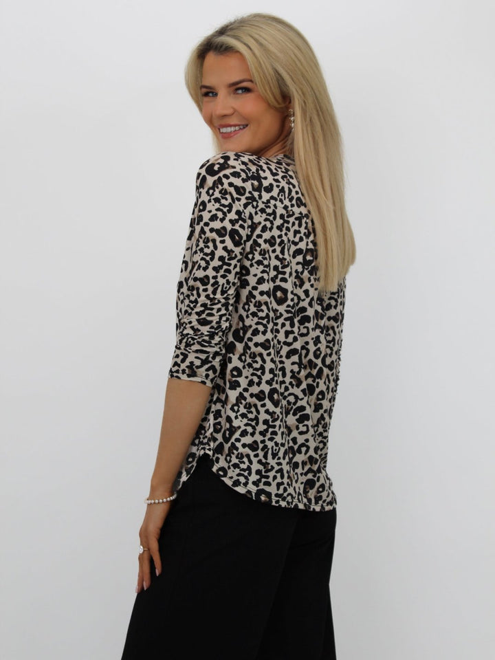 Kate & Pippa Zip Top In Beige/Black Animal Print-Nicola Ross
