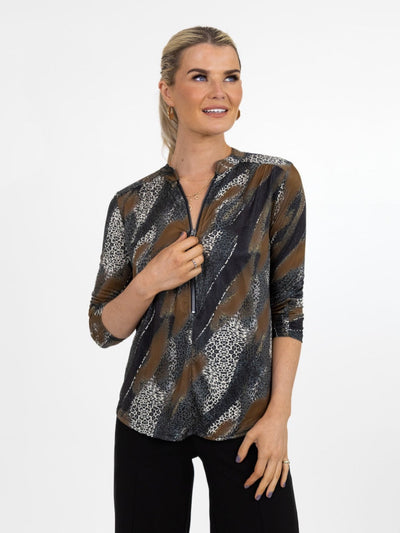 Kate & Pippa Zip Top In Black / Beige Animal Print-Nicola Ross