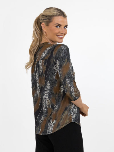 Kate & Pippa Zip Top In Black / Beige Animal Print-Nicola Ross