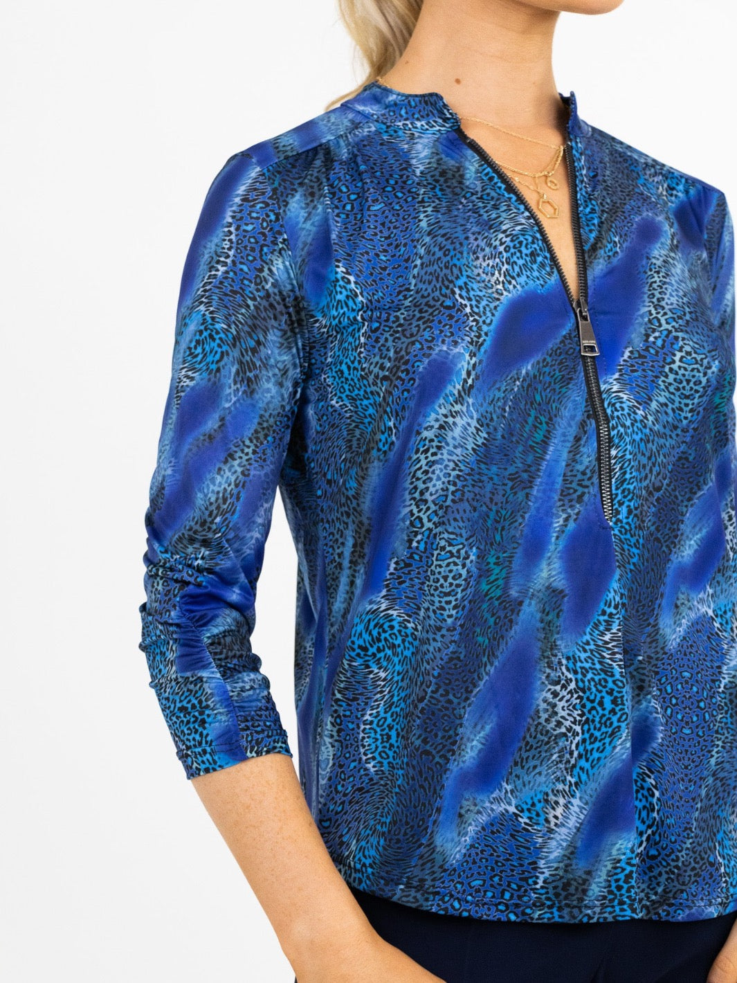 Kate & Pippa Zip Top In Blue Animal Print-Nicola Ross