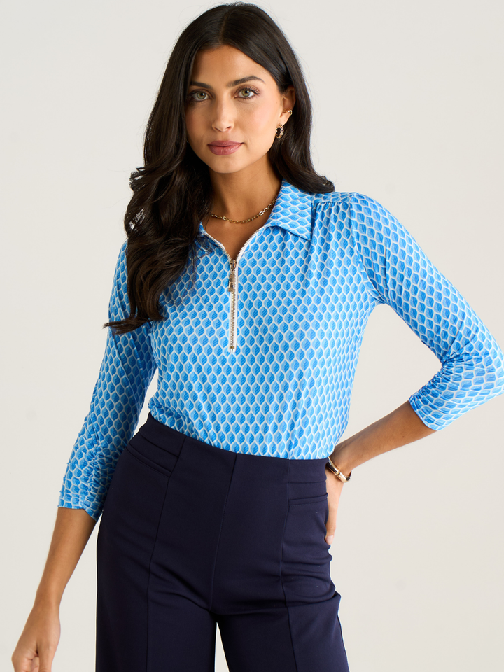 Kate & Pippa Zip Top In Blue Geo Print-Nicola Ross
