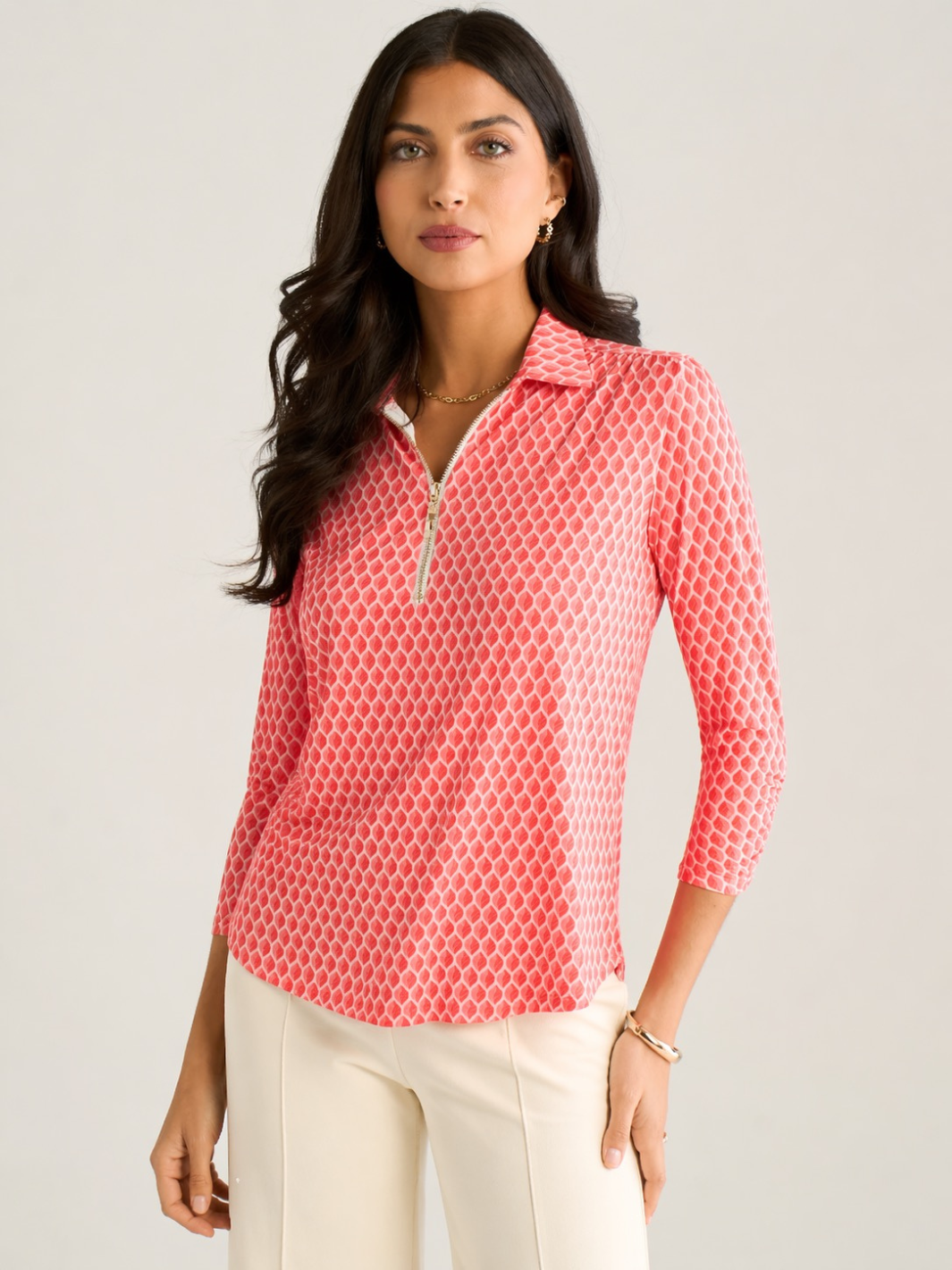 Kate & Pippa Zip Top In Coral Geo Print-Nicola Ross