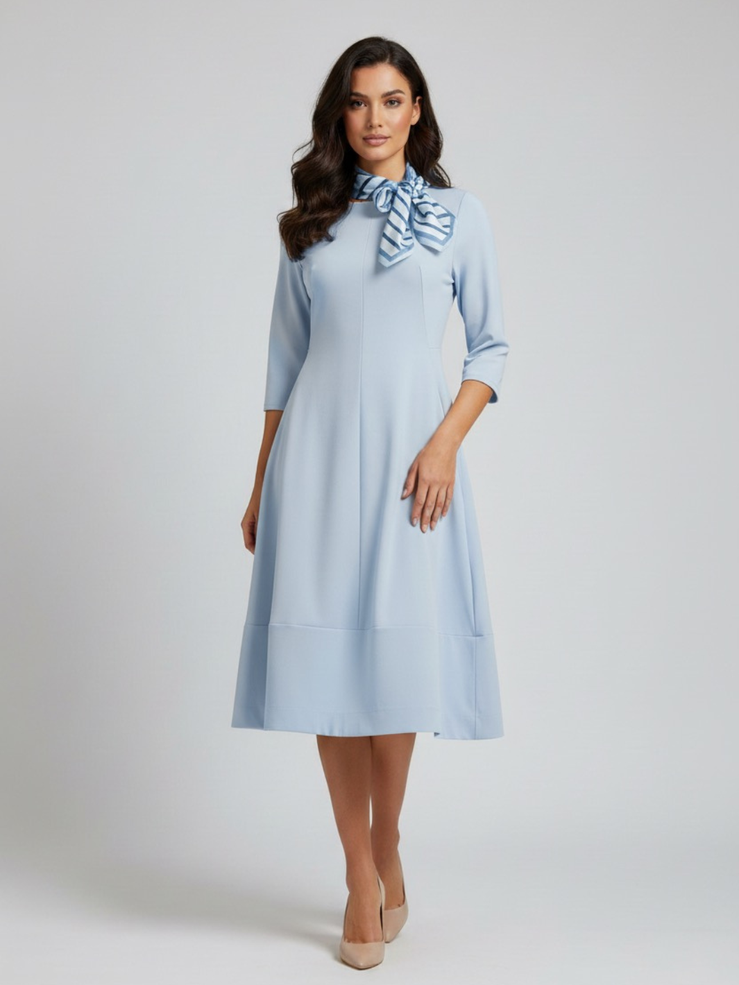 princess polly baby blue dress Vintage Blue Ribbed Polka Dot Scarf Neck Sheath Dress sz L main image 1