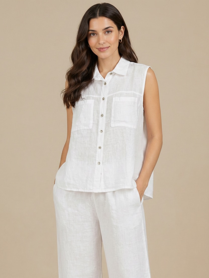 Lil Jen Lottie Sleeveless Linen Top In White-Nicola Ross