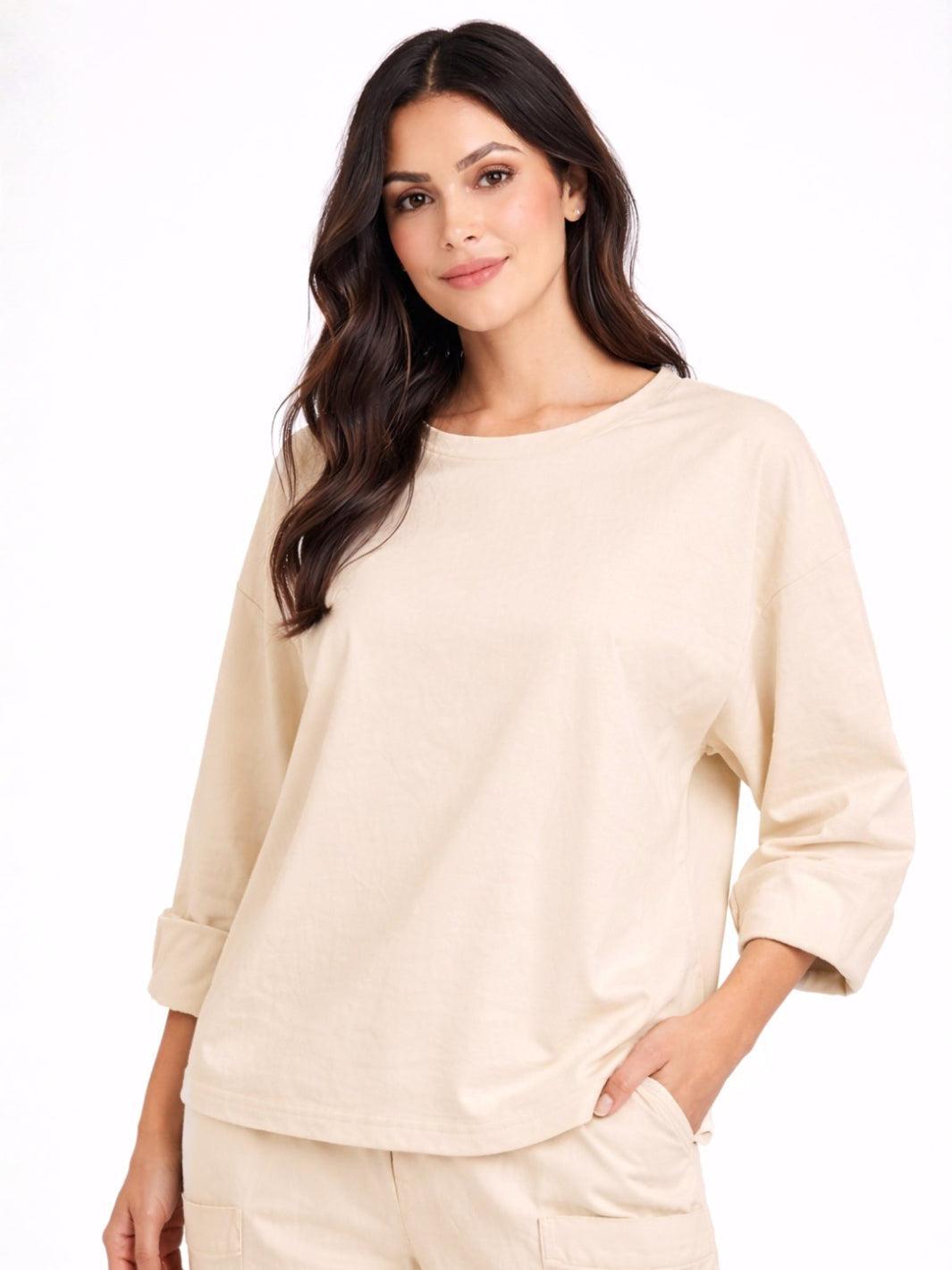 Lil Jen Rolled Sleeve Top In Beige-Nicola Ross