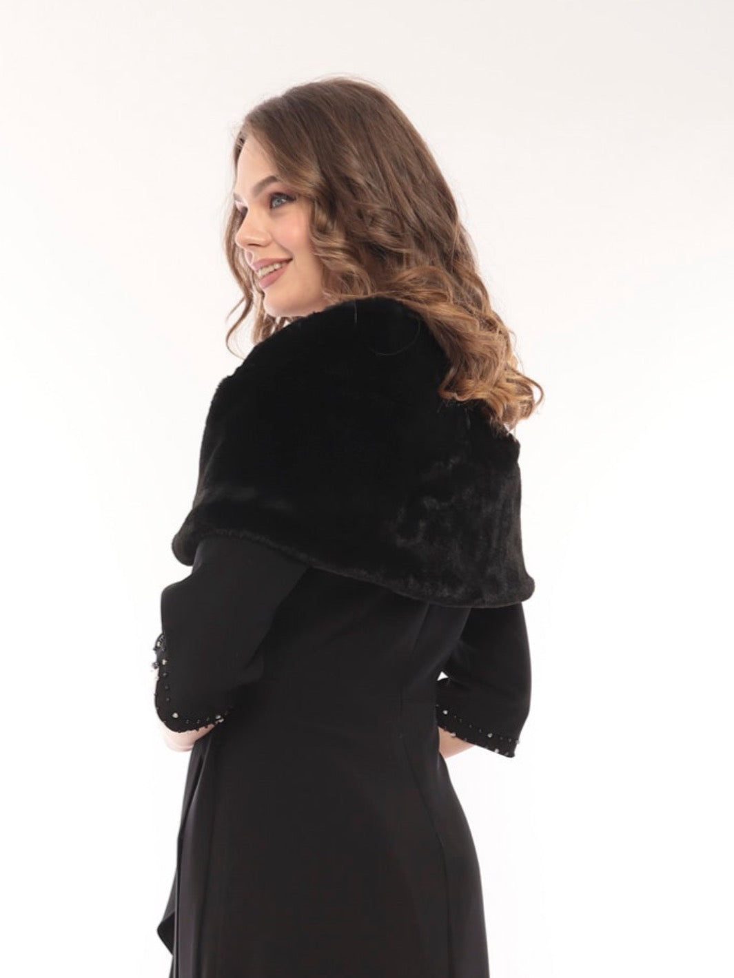 Lizabella Faux Fur Cape In Black - 1303-Nicola Ross