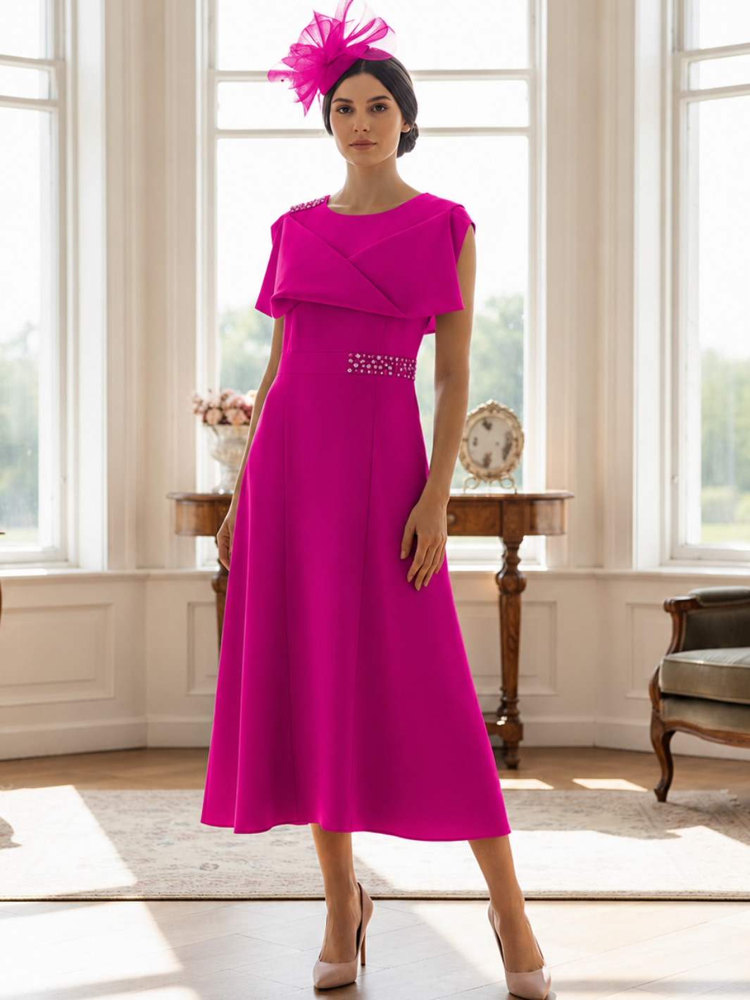 Lizabella Midi Dress In Fuschia 2433-40-Mother of the bride- mother of the groom -Nicola Ross