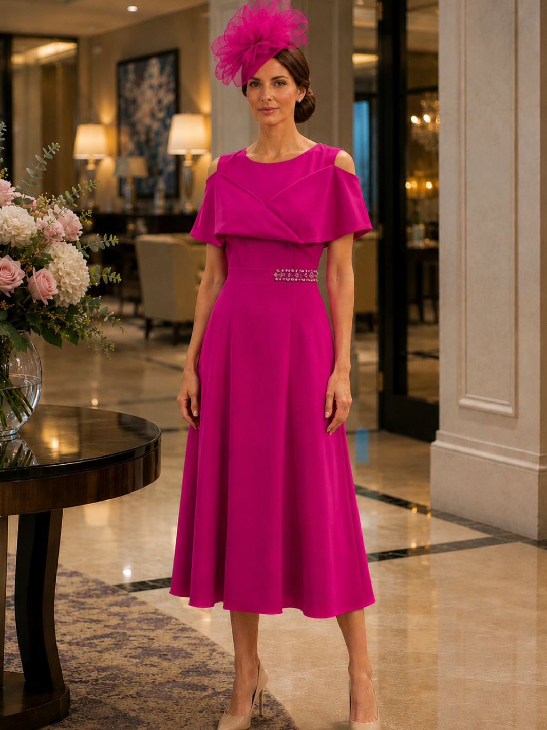 Lizabella Midi Dress In Fuschia 2433-40-Mother of the bride- mother of the groom -Nicola Ross