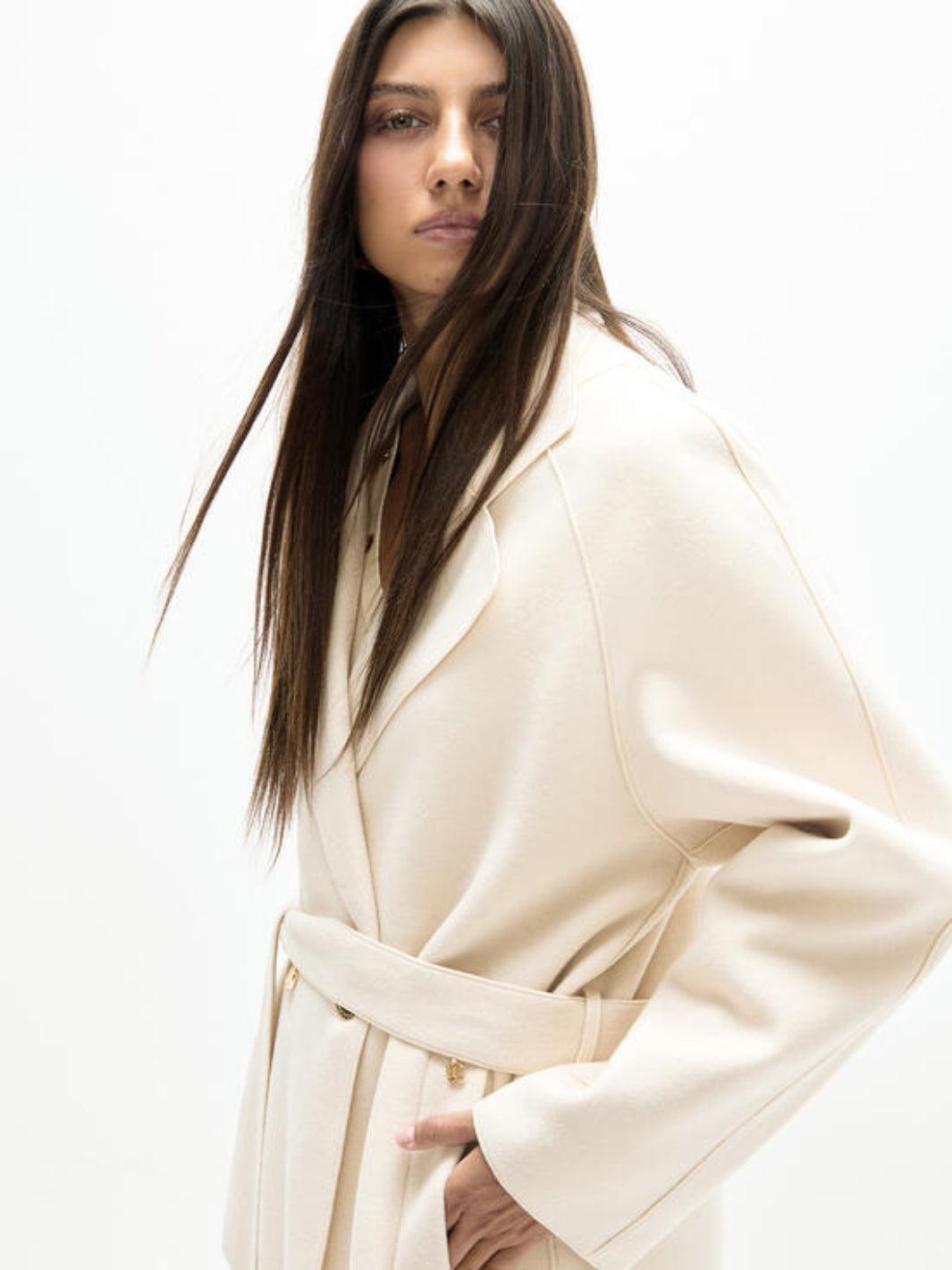 Lola Casademunt Funnel Neck Coat in Cream 2601003-Nicola Ross