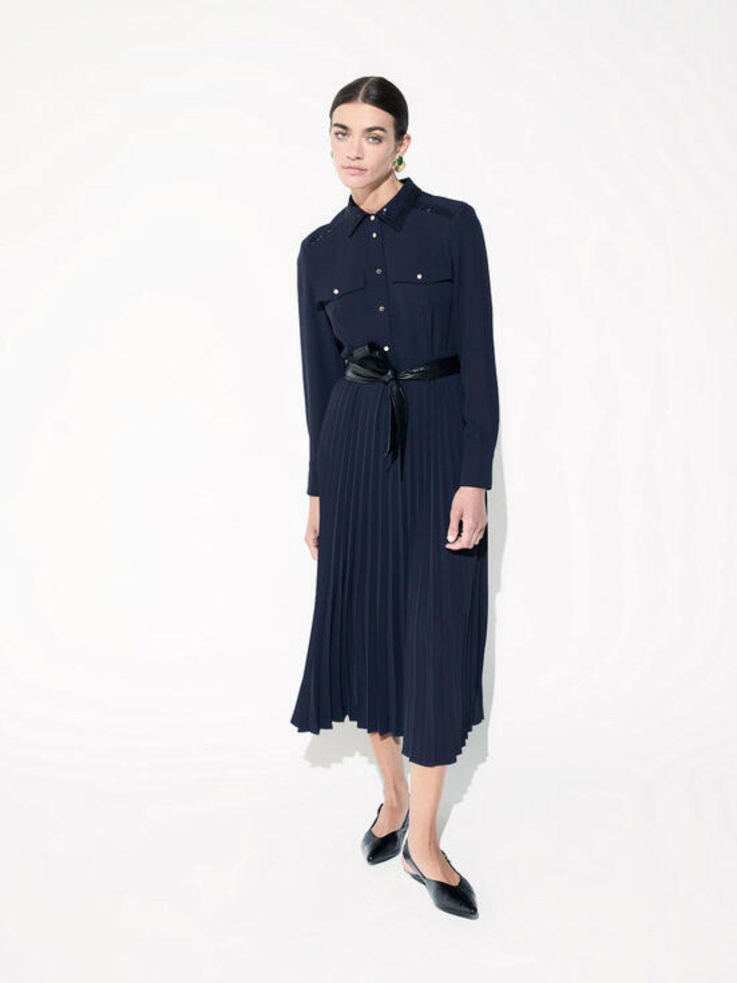 Lola Casademunt Pleated Dress In Navy LF2616023-Nicola Ross