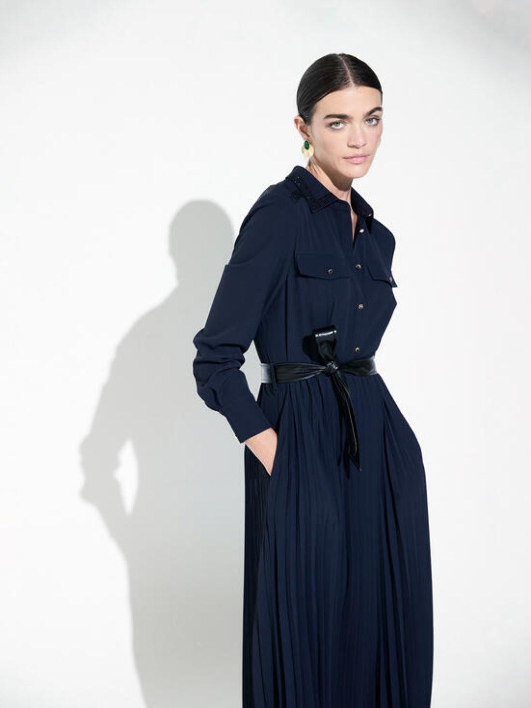 Lola Casademunt Pleated Dress In Navy LF2616023-Nicola Ross