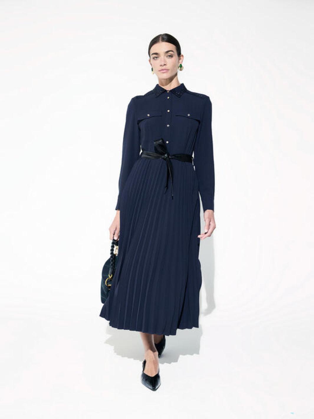 Lola Casademunt Pleated Dress In Navy LF2616023-Nicola Ross