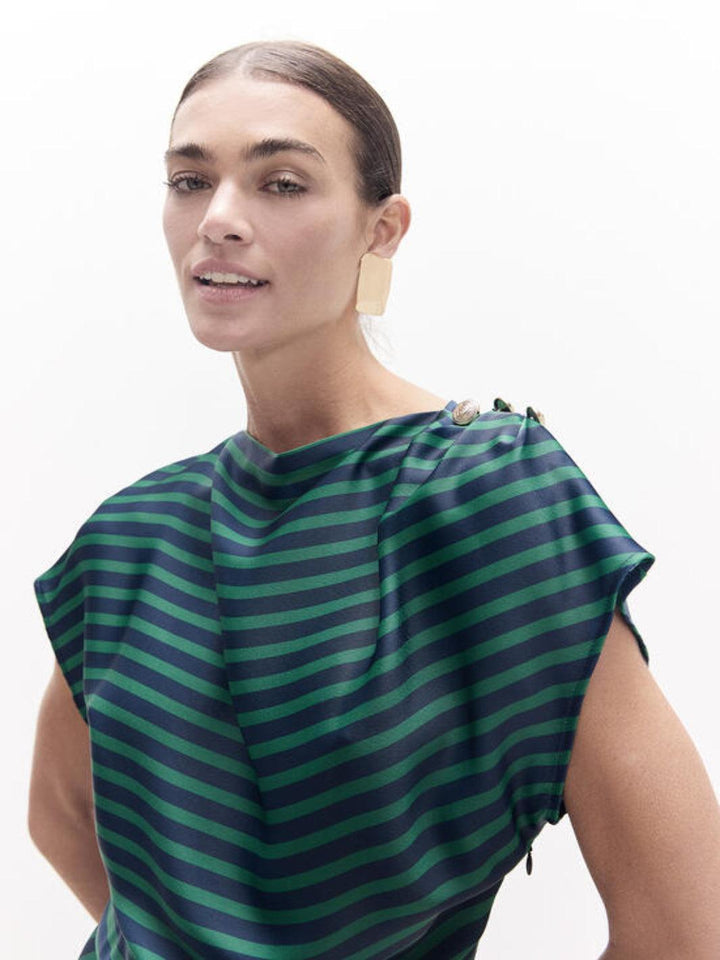 Lola Casademunt Striped Satin Midi Dress in Navy & Green 2616005-Nicola Ross