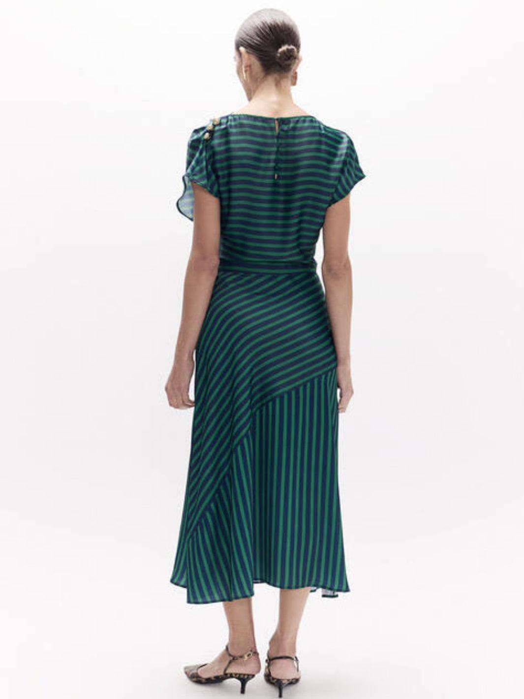 Lola Casademunt Striped Satin Midi Dress in Navy & Green 2616005-Nicola Ross