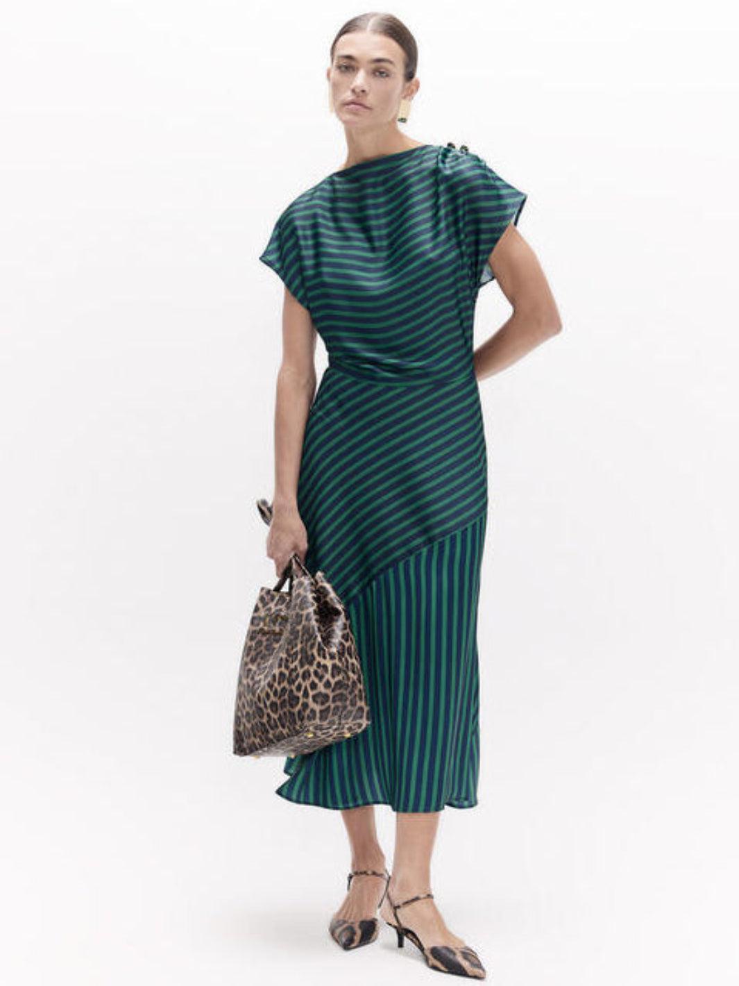 Lola Casademunt Striped Satin Midi Dress in Navy & Green 2616005-Nicola Ross