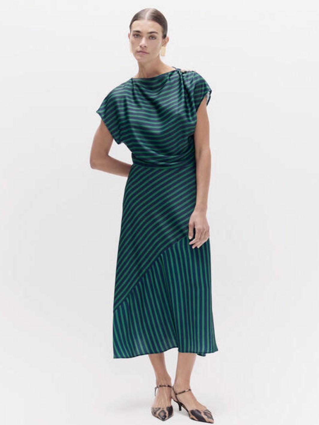 Lola Casademunt Striped Satin Midi Dress in Navy & Green 2616005-Nicola Ross