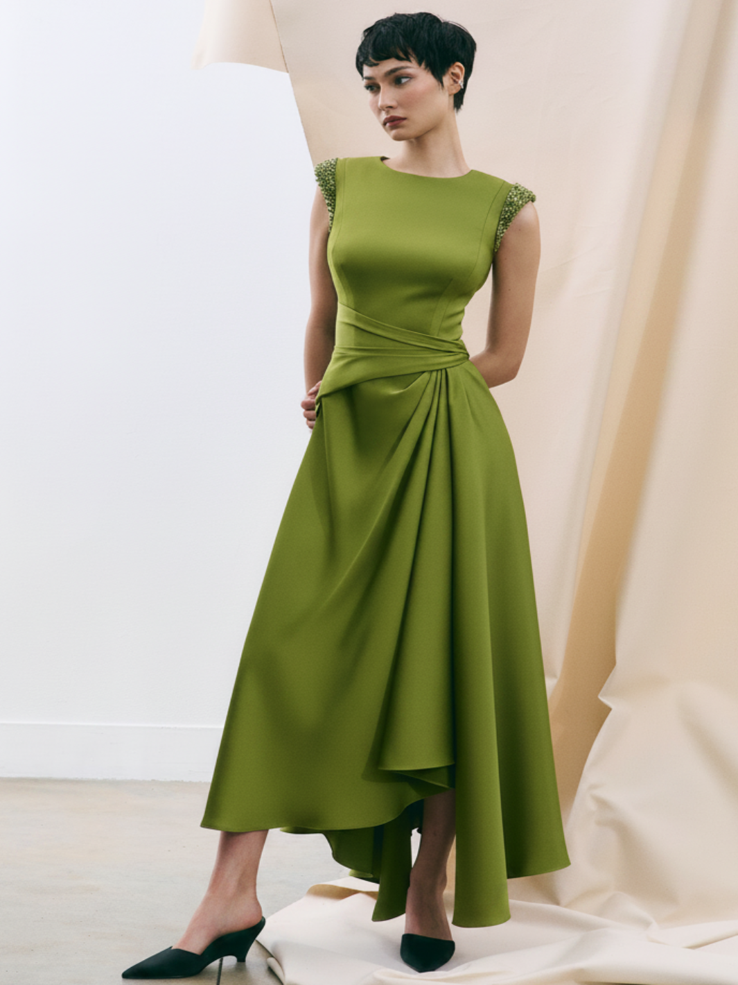 Maisonel Draped Midi Dress in Meadow ME3189-Mother of the bride- mother of the groom -Nicola Ross