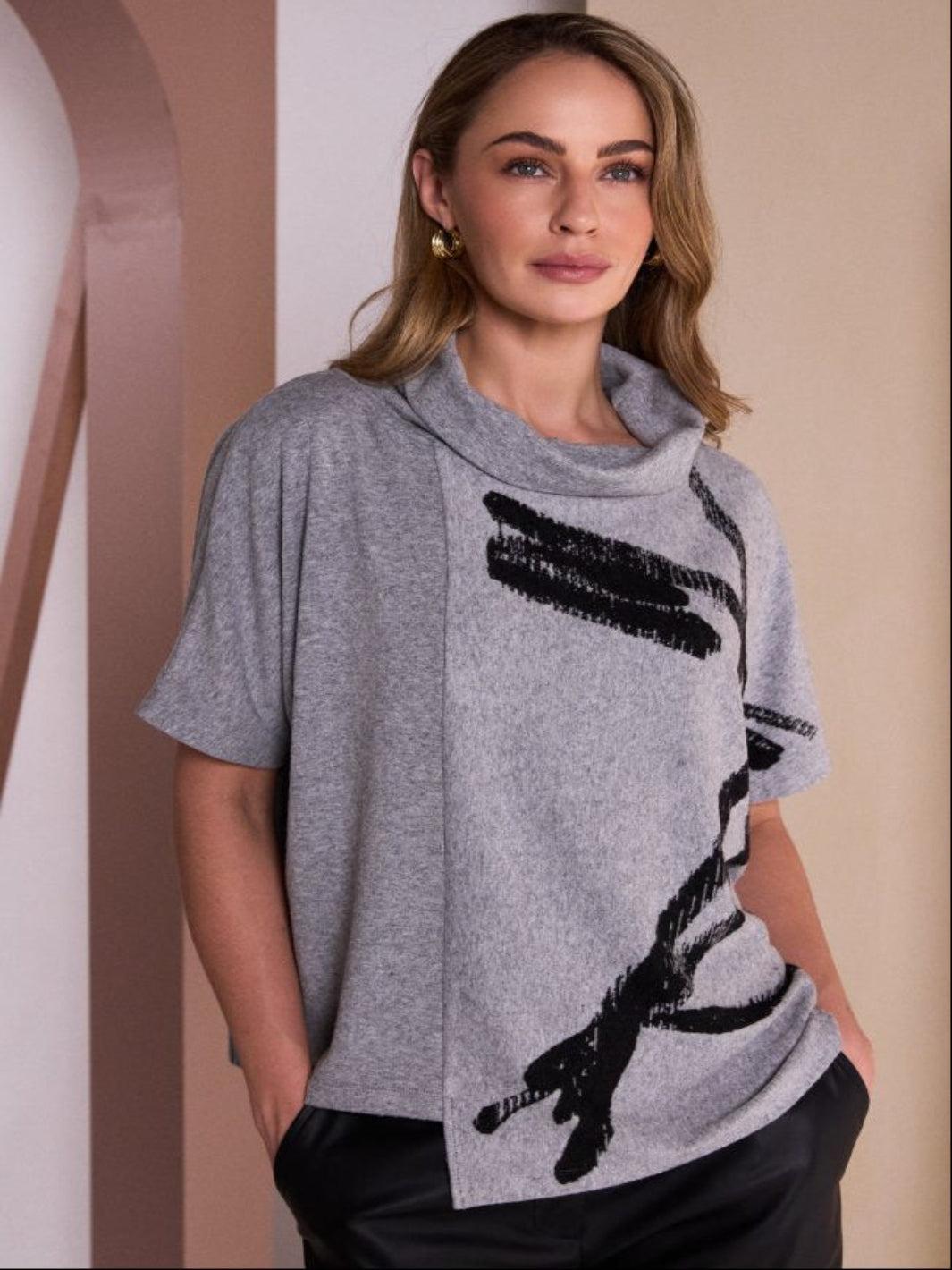 Naya Abstract Print Cowl Neck Top In Silver/Black 26204-Nicola Ross