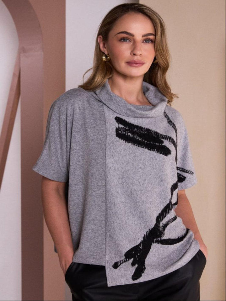 Naya Abstract Print Cowl Neck Top In Silver/Black 26204-Nicola Ross