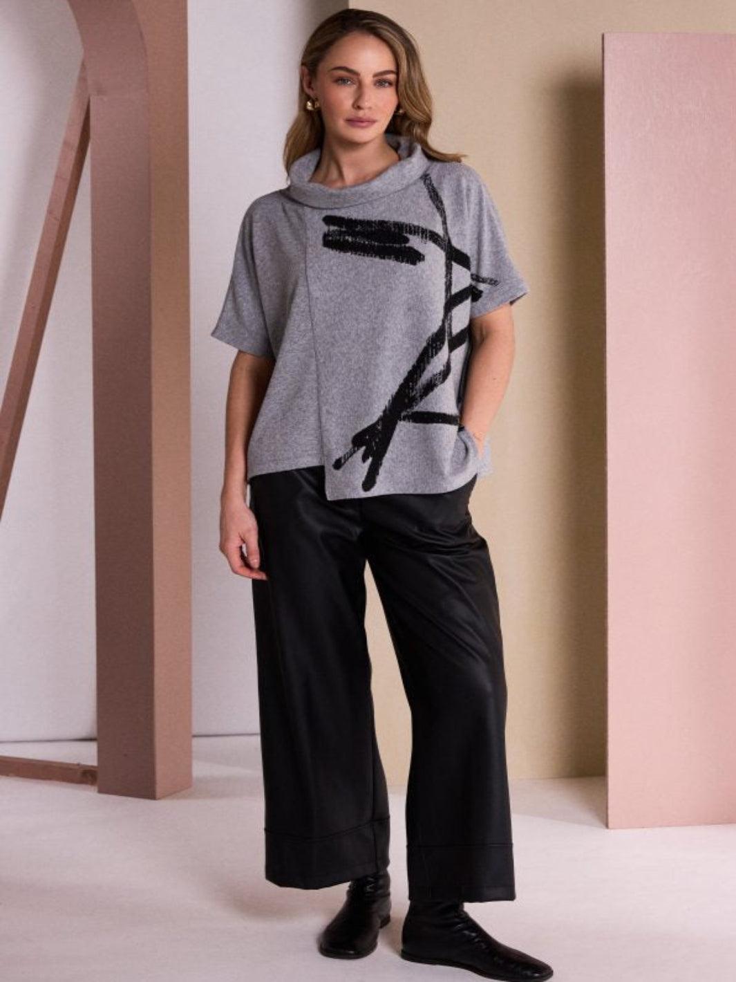 Naya Abstract Print Cowl Neck Top In Silver/Black 26204-Nicola Ross