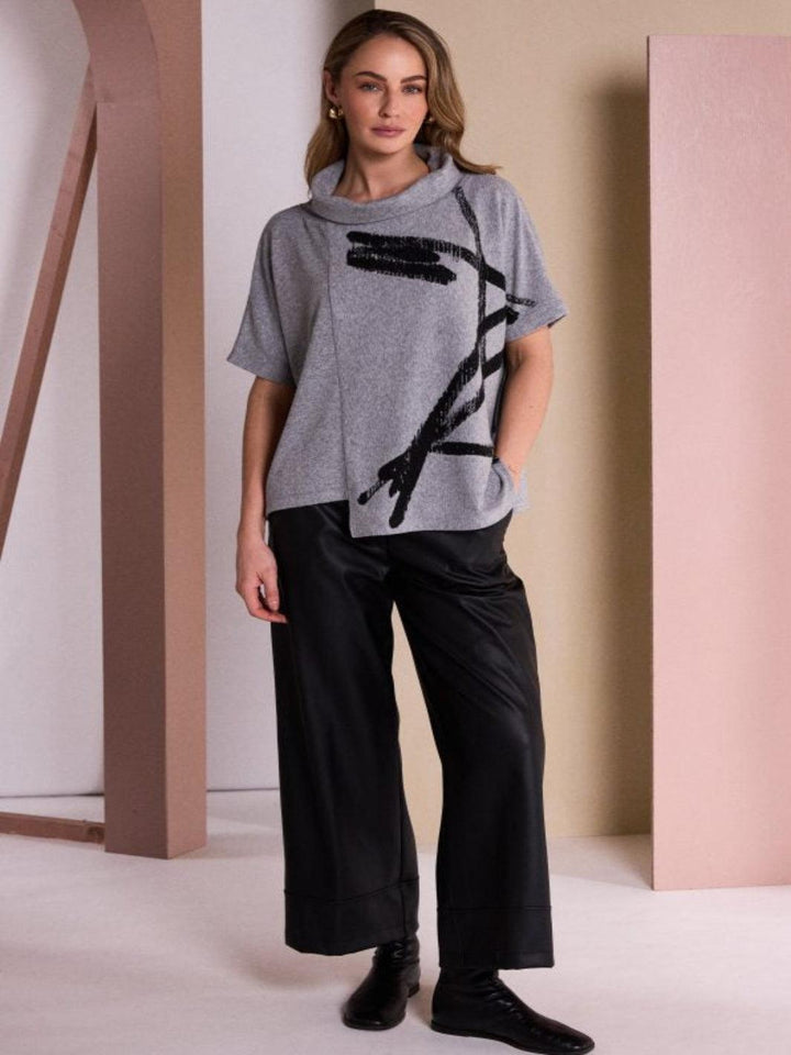 Naya Abstract Print Cowl Neck Top In Silver/Black 26204-Nicola Ross