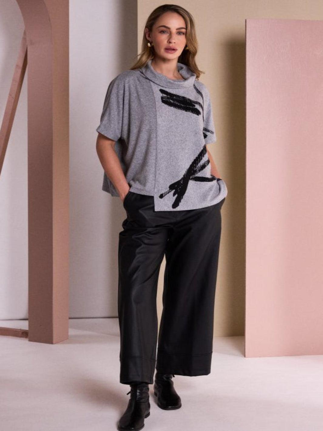 Naya Abstract Print Cowl Neck Top In Silver/Black 26204-Nicola Ross