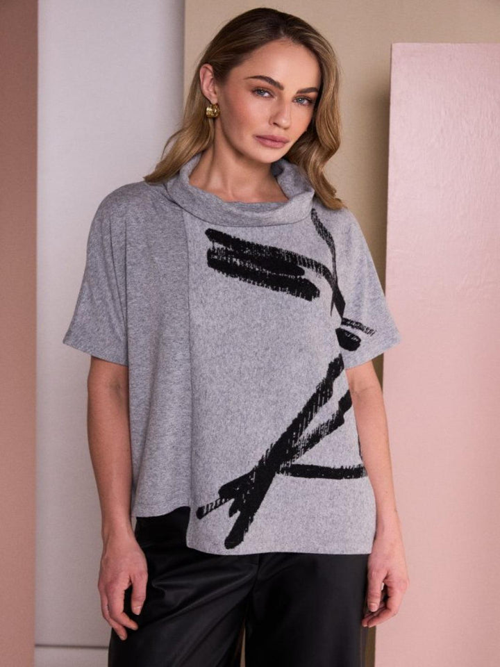 Naya Abstract Print Cowl Neck Top In Silver/Black 26204-Nicola Ross