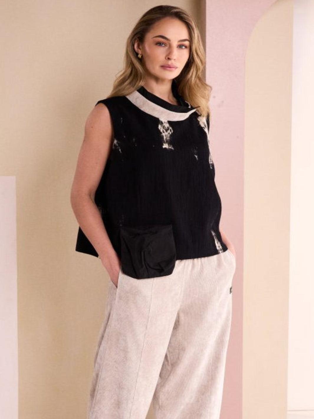 Naya Abstract Sleeveless Top In Black/Stone 26245-Nicola Ross