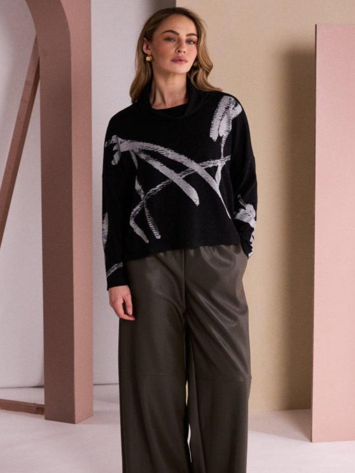 Naya High Neck Print Top In Black/Silver 26202-Nicola Ross