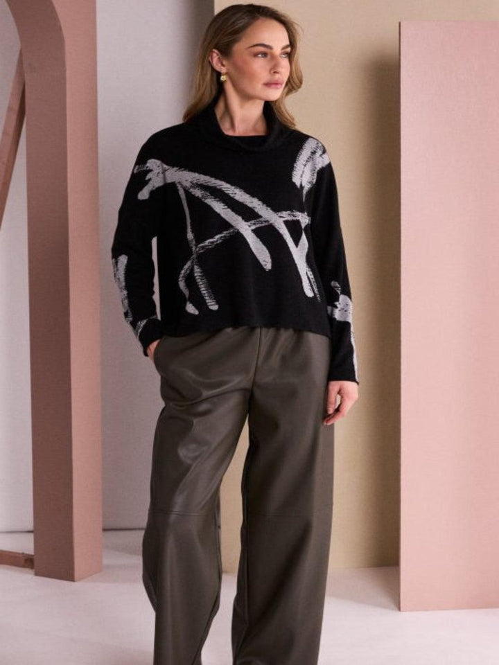 Naya High Neck Print Top In Black/Silver 26202-Nicola Ross