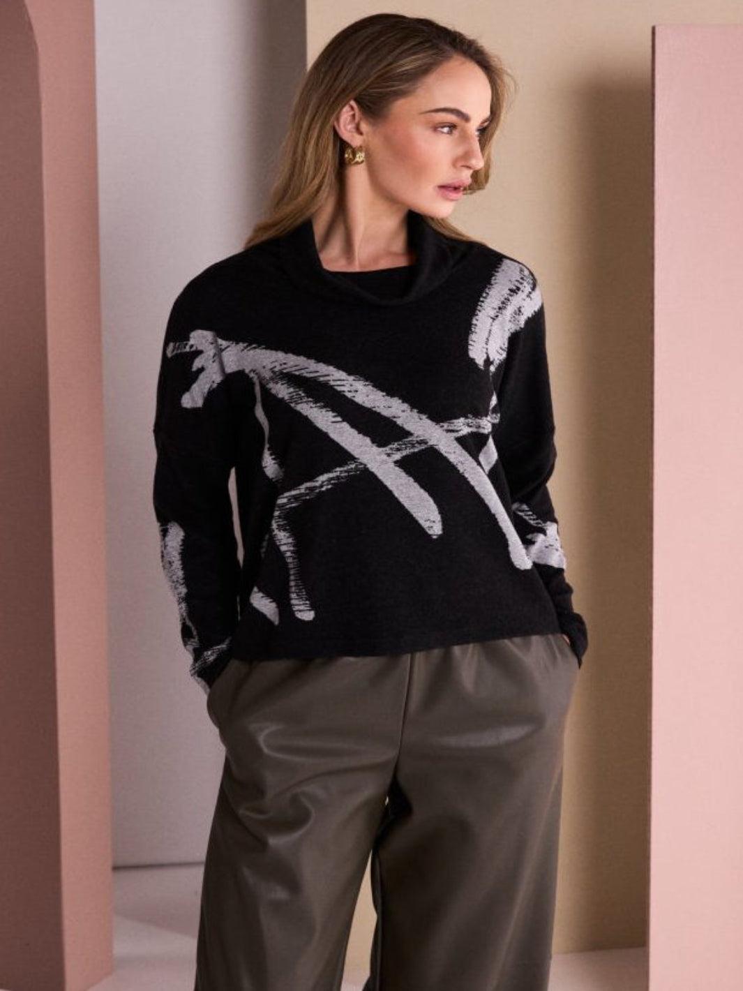 Naya High Neck Print Top In Black/Silver 26202-Nicola Ross